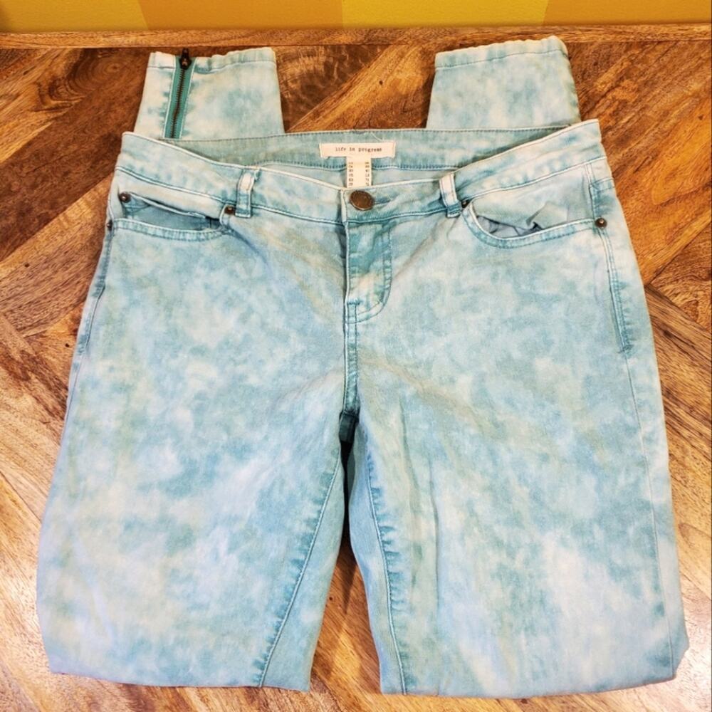 Life in Progress Teal Stonewash Zipped Skinny Jeans, Sz 28